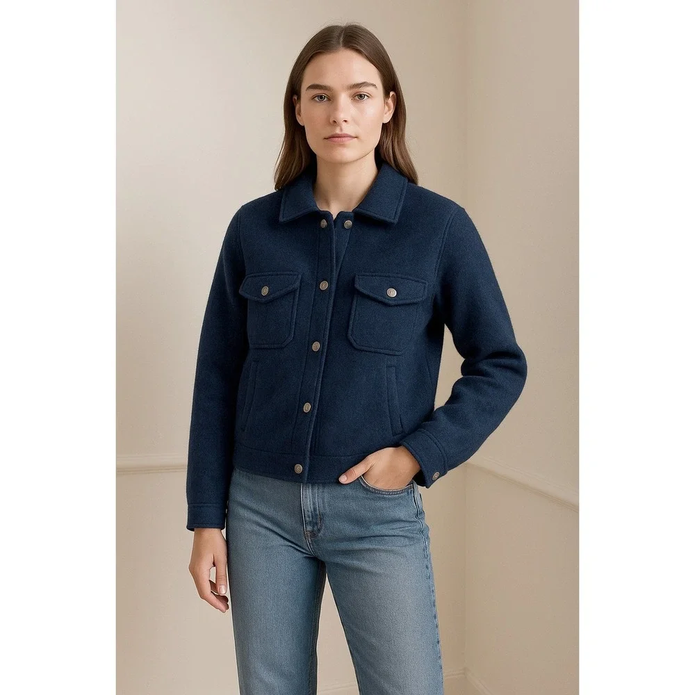 J.Crew Wool Bomber Style Jacket Women's Large Navy Button Front‎ Pocket Coat